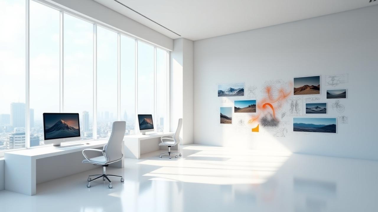 ミニマルなデザインスタジオで、壁には冒険のスケッチが貼られている