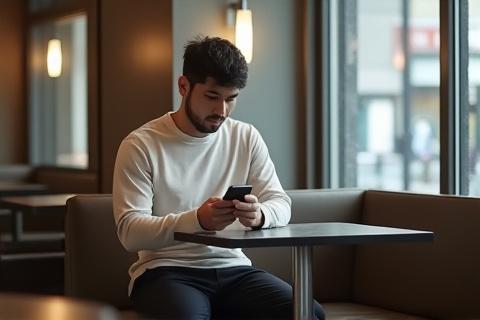 カフェでリラックスする男性がノマドスポーツウェアのアスレジャーを着用