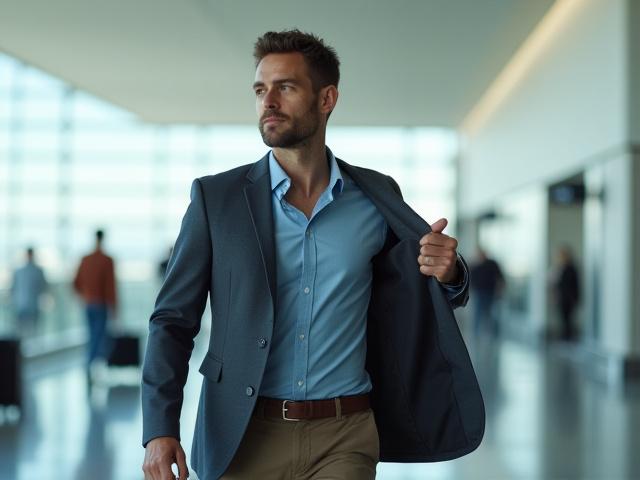 空港でパッカブルジャケットを着用し、移動する旅行者