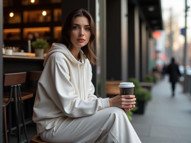 都会のカフェでくつろぐ女性がアスレジャーウェアを着用