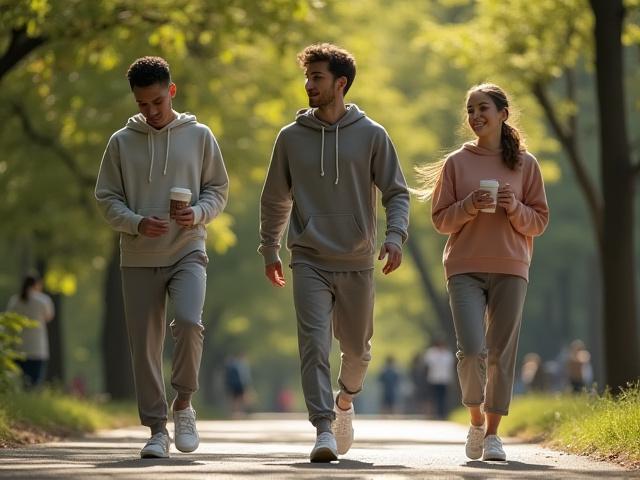 公園でリラックスする人々が着用しているアスレジャーウェア