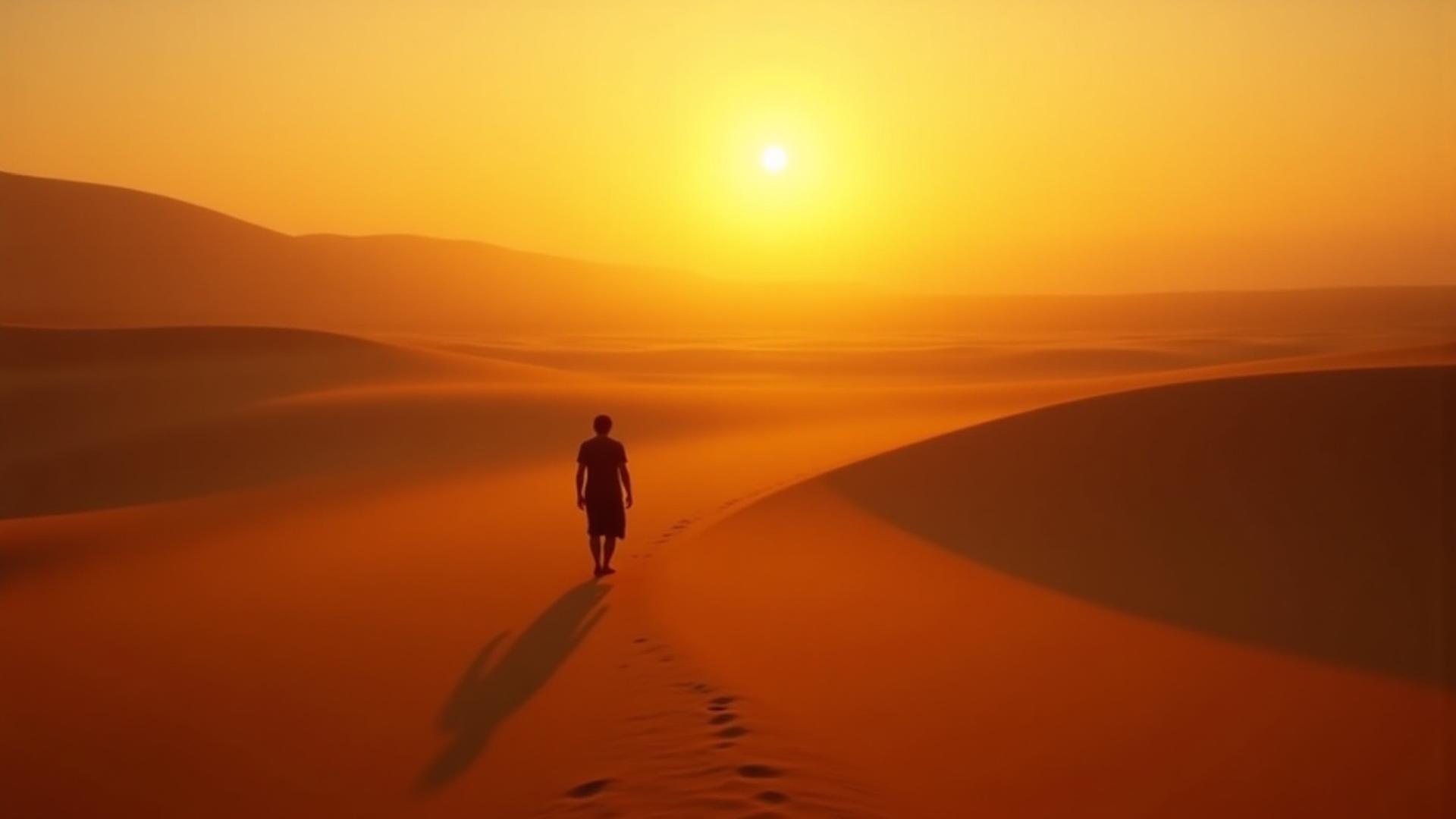 広大な砂丘を一人歩くシルエット。背景は夕焼けに染まり、遠くまで続く砂の波が雄大さを際立たせる。