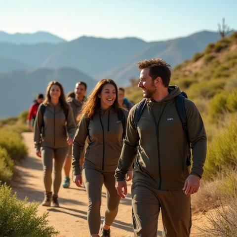 友人たちとハイキングを楽しむ多様な体型のグループ