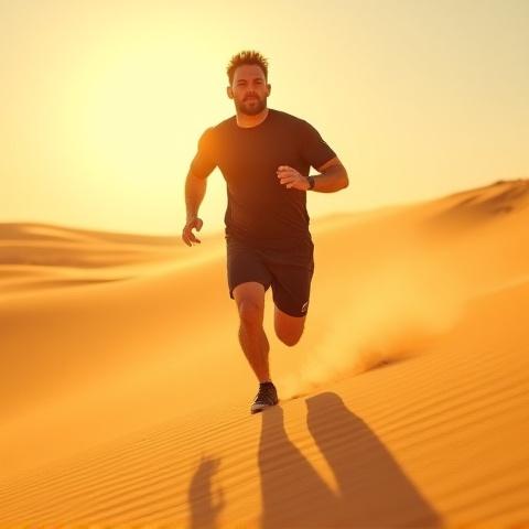 Nomadのランニングウェアで砂丘を走る男性