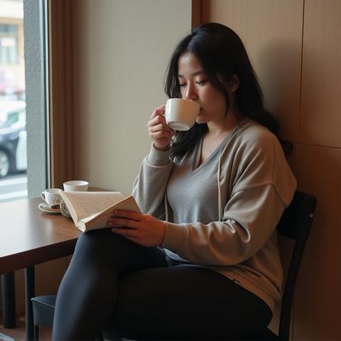 カフェでリラックスするNomadウェア着用女性