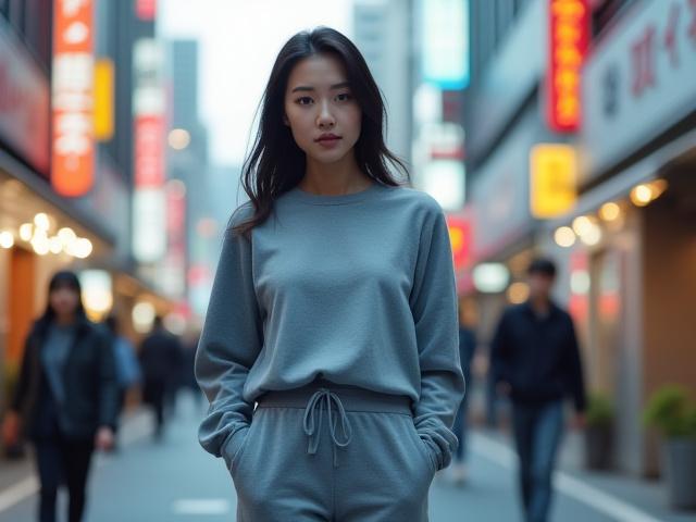東京の街並みを背景にスタイリッシュなアスレジャーウェアを着た女性
