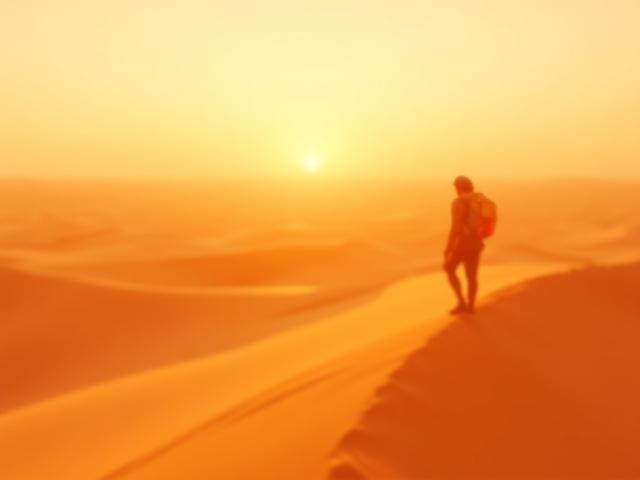 砂漠の広がる景色の中で立つ冒険者