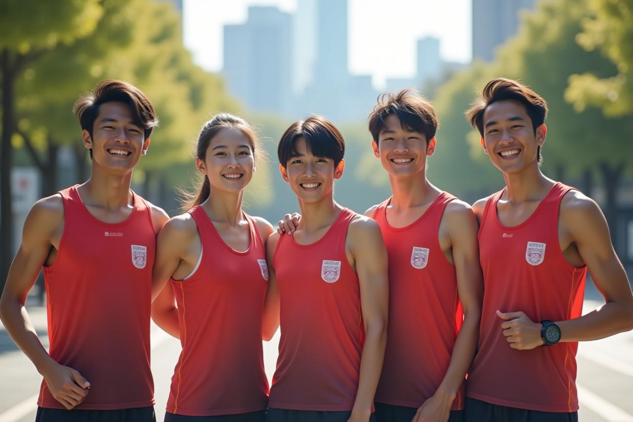 企業ロゴが入った統一ユニフォームを着て笑顔のランニングチーム