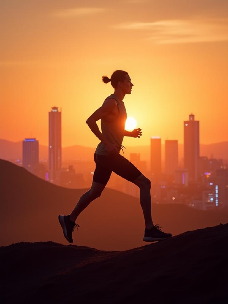 都会の夜景と砂漠を駆けるランナーのモンタージュ