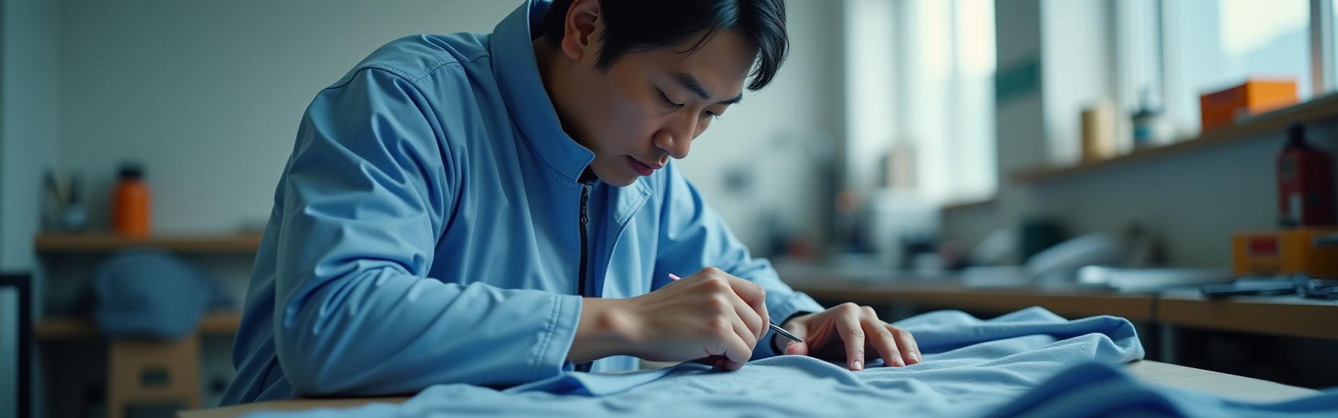  Nomadsportswearの専門スタッフが、明るく清潔な工房内で高性能ミシンを使い丁寧にスポーツウェアを修理している様子。細部にまで気を配り、品質を追求する職人技が感じられる。