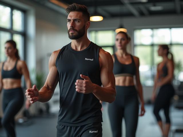 フィットネスジムのトレーナーがNomad Sportswearロゴ入りのオリジナルウェアを着用している様子