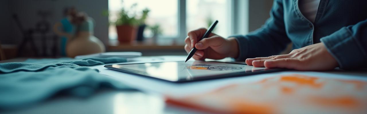  Nomad Sportswearのデザイナーがタブレットでウェアのデザインスケッチをしている様子