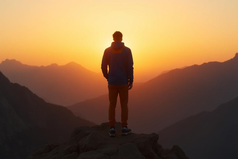  Nomad Sportswearが修理した高性能スポーツウェアを着たハイカーが、夕焼けに染まる雄大な山頂で遠くを見つめている。ウェアは鮮やかな色を保ち、耐久性と機能性が維持されていることを示唆。