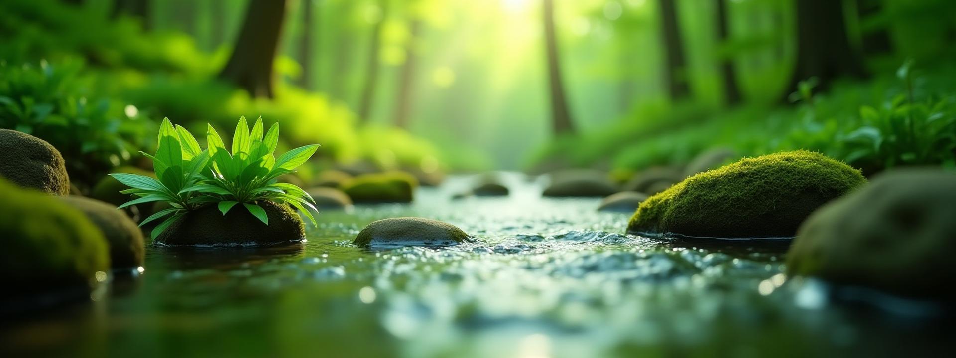 澄んだ小川が流れる美しい森と、再生を象徴する若葉のクローズアップ