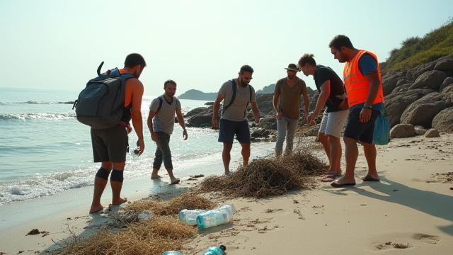 海岸でプラスチックごみを収集するボランティアと漁網