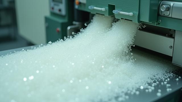 回収されたプラスチックがチップになり、精巧な機械で繊維へと紡がれる工程