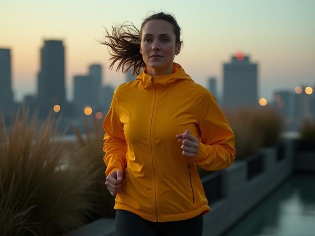 都市の屋上庭園でランニングする女性が着用するEco-Trail Windbreaker