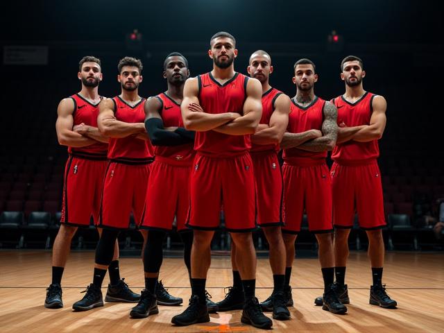 赤と黒を基調としたスタイリッシュなバスケットボールユニフォームを着たチームが、コート上でポーズをとっている。動きやすさを追求したデザイン。