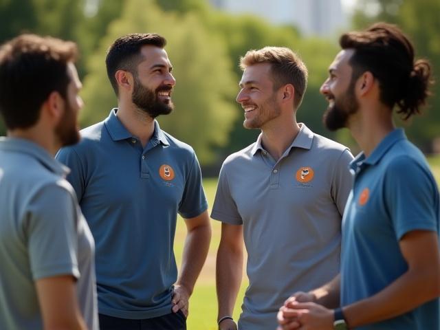 企業のロゴが入ったポロシャツを着用した従業員たちが、オフサイトイベントで協力し合っている。プロフェッショナルかつカジュアルな印象。