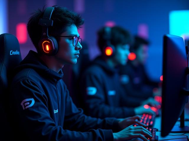 最新のゲーミングデバイスを前に、カスタマイズされたユニフォームを着用したeスポーツチームのメンバーが集中してプレイしている。