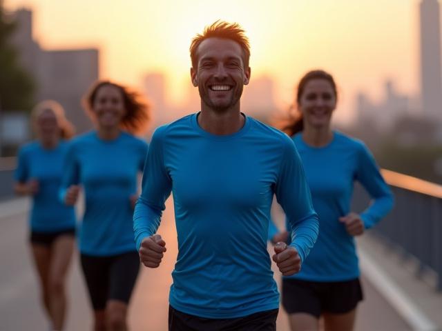 夜明けの都市を背景に、青を基調としたランニングユニフォームを着用したランニングクラブのメンバーが笑顔で走っている。