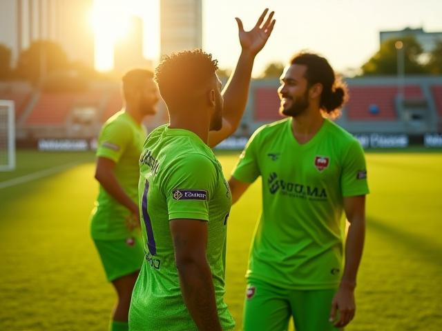 鮮やかな緑のユニフォームを着たサッカーチームがフィールドで喜びを爆発させている。背番号とチームロゴがはっきりと見える。