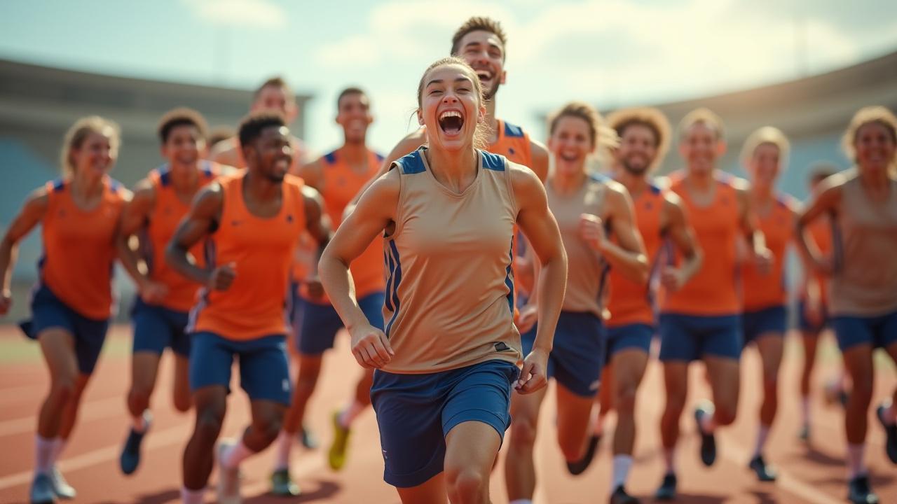 カスタムユニフォームを着用し、勝利を喜ぶ多様なスポーツチームメンバーのコラージュ写真。サッカー、バスケットボール、ランニングなどの選手たちが笑顔で一体感を表現している。